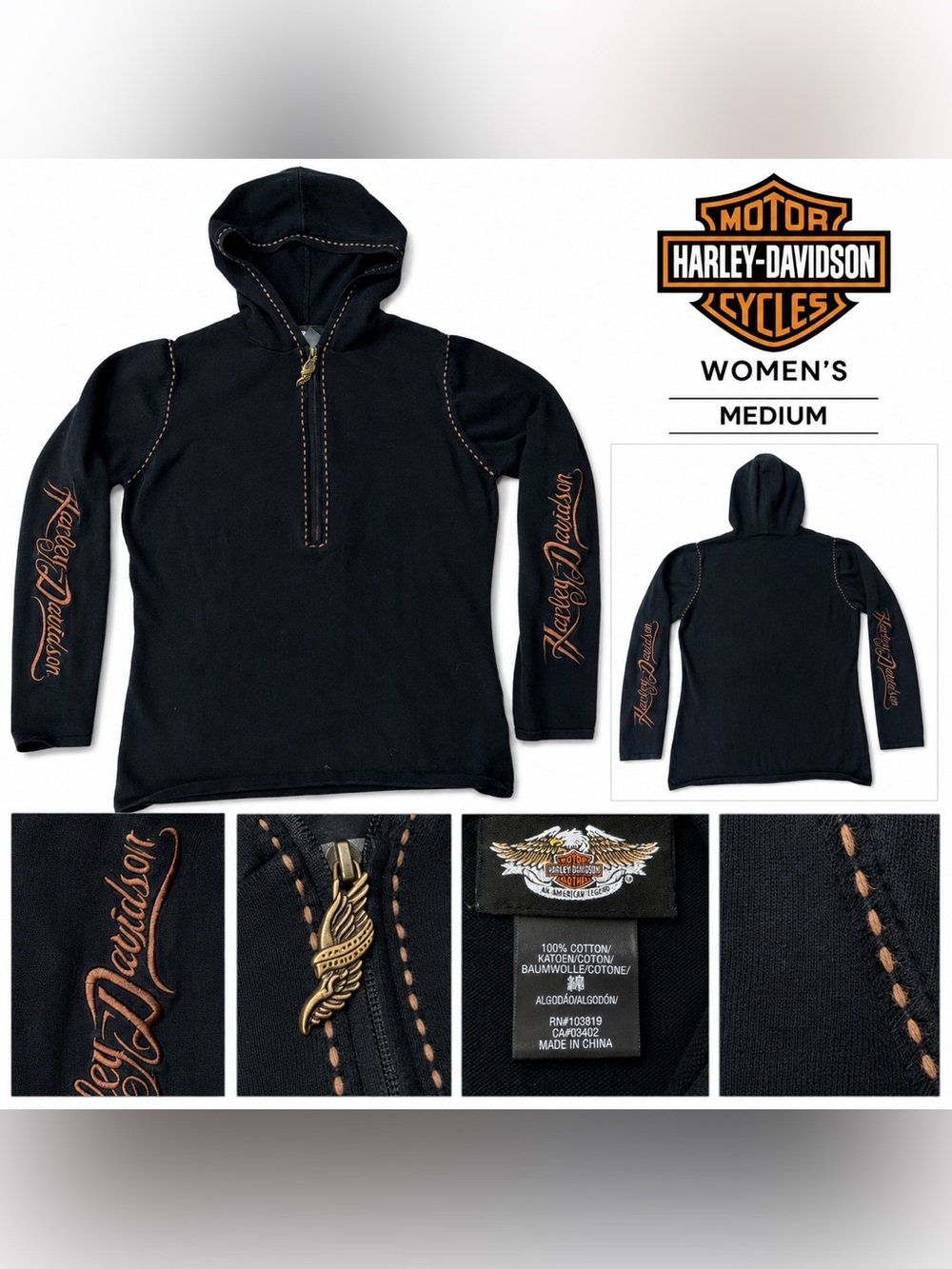 Harley-DavidsonWomen’sBlackHooded Quarter Zip Sweater Embroidered Sleeves Medium